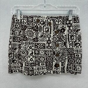 Urban Outfitters Yin Yang Mini Skirt SMALL Brown‎ White Patchwork Peace Flower